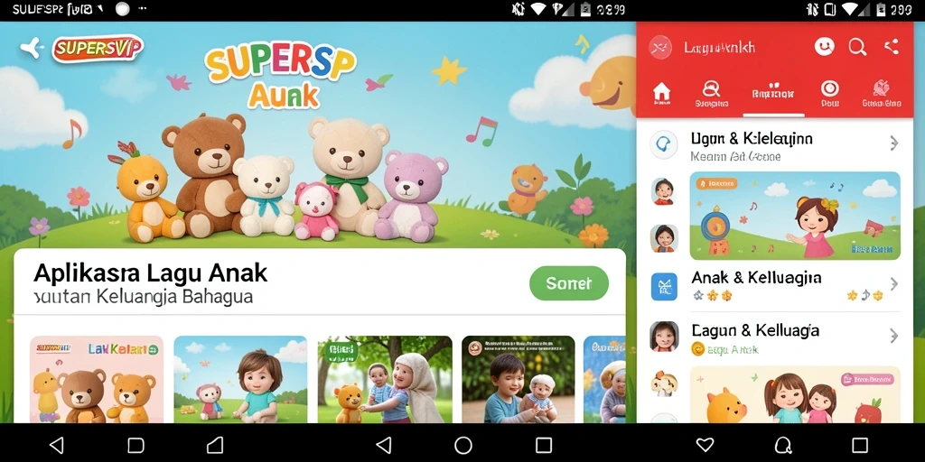 Tampilan antarmuka SUPERSVIP yang ramah anak dengan pilihan lagu menarik.